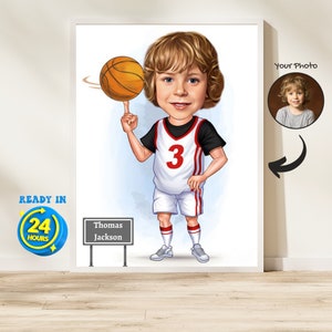 Custom Kids Basketball Cartoon Portrait, Basketball Player Caricature from Photo, Gift for Basketball Sports Lover, Basketball Portrait Fun