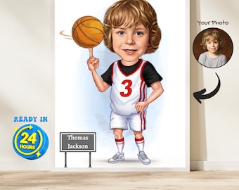 Custom Kids Basketball Cartoon Portrait, Basketball Player Caricature from Photo, Gift for Basketball Sports Lover, Basketball Portrait Fun