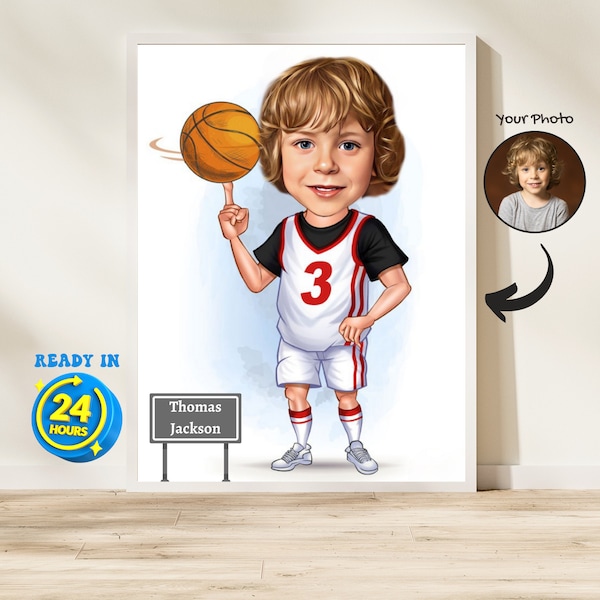 Portrait personnalisé de dessin animé de basket-ball pour enfants, caricature de joueur de basket-ball à partir d'une photo, cadeau pour amateur de sport de basket-ball, portrait de basket-ball amusant