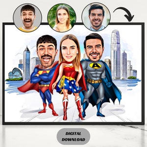 Retrato de dibujos animados de familia de superhéroes personalizado, retrato familiar, regalo para el mejor amigo, caricatura de superfamilia, caricatura de superhéroe a partir de una foto