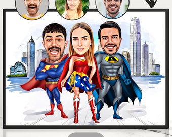 Personalized Superhero Family Cartoon Portrait: Custom Caricature (Digital Download)