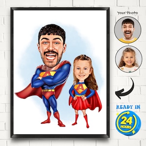 Benutzerdefinierte Superhelden Cartoon Portrait für Papa und Tochter, Superhelden Portrait, Geschenk für Papa, Superheld Karikatur, Super Dad Super Tochter Cartoon