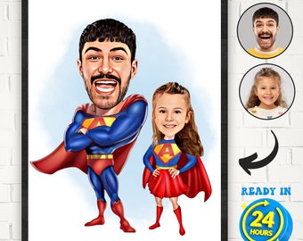 Custom Superhero Dad and Daughter Cartoon Portrait (Digital PNG)