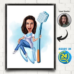Retrato de caricatura de dentista femenina personalizado, caricatura de dentista femenina, regalo de dentista para mujer, foto de dibujo de caricatura de dentista femenina, arte de dentista