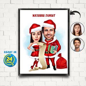 Custom Christmas Couple Caricature Portrait, Christmas Family Caricature Drawing from Photo, Christmas Funny Gift, Digital Cartoon Portrait