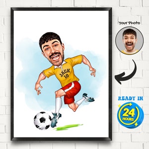 Aangepaste voetballer cartoon portret voetballer cadeau grappig voetballer cadeau voor hem voetbal speler karikatuur van foto verjaardagscadeau