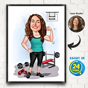 Custom Fitness Cartoon Portrait, Female Weight Lifter Caricature, Funny Fitness Caricature, Custom Weightlifter Cartoon Drawing from Photo
