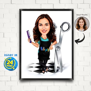 Retrato de caricatura de peluquera femenina personalizado, caricatura de peluquera femenina a partir de una foto, regalo de caricatura de peluquera, arte de caricatura de barbería femenina