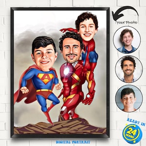 Dibujo de caricatura personalizado de superhéroe: padre y dos hijos a partir de una foto, retrato de superhéroes familiares, regalos para papá, regalo de caricatura para el Día del Padre.