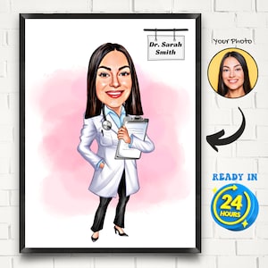 Custom Super Doctor Cartoon Portrait, Female Doctor Caricature, Cartoon Drawing from Photo, Gift for Doctor, Unique Doctor Gift for Women