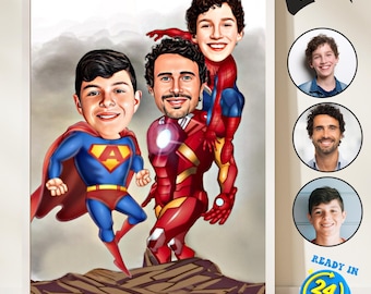 Custom Superhero Dad and Two Son Caricature Drawing from Photo, Family Superheroes Cartoon Portrait, Gifts for Dad, Christmas Cartoon Gifts