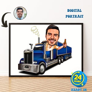 Personalized Trucker Caricature: Custom Cartoon Portrait Gift (Digital Download)