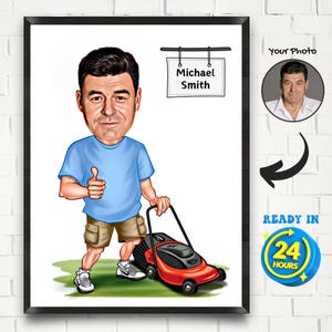 Benutzerdefinierte Rasenmäher Karikatur vom Foto, Rasenmäher-Karikatur-Porträt, lustiges männliches Karikatur-Geschenk, Geburtstagsgeschenke, digitales Karikaturgeschenk