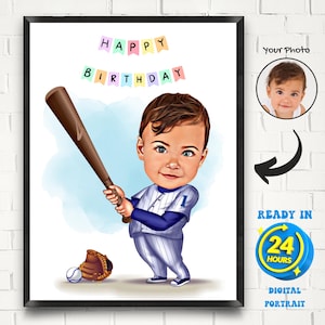 Custom Baseball Boy Player Cartoon Portrait, Baseball Caricature, Gift for Baseball Player, Get Your Own Birthday Portrait from your photo