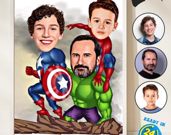 Custom Dad and Two Son Superhero Cartoon Portrait, Superhero Caricature Drawing from Photo, Superheroes Caricature Portrait, Gifts for Dad