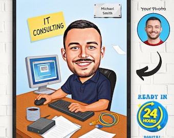 Personalized IT Tech Consulting Cartoon Portrait, Custom IT Manager Caricature Drawing Photo, Funny Engineer Caricature
