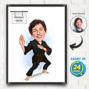 Spersonalizowany portret karykaturalny Karate, niestandardowy rysunek karykatury Karate ze zdjęcia, zabawny prezent Karate, prezent sztuk walki, portret sztuk walki