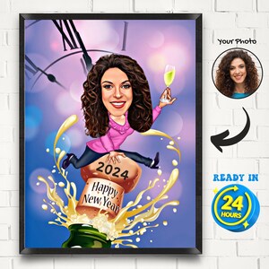 Personalized Christmas Caricature Portrait, Female New Year Cartoon Portrait, Funny Christmas Caricature from Photo, Holiday Cartoon Drawing