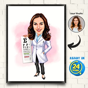 Augenoptiker Cartoon Zeichnung vom Foto, lustiges Optiker Geschenk für Frauen, Augenärztin Karikatur, Ärztin Porträt, Optometrie Geschenk