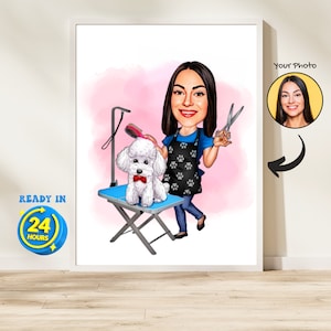 Dog Groomer Gift, Custom Pet Groomer Cartoon Portrait, Pet Groomer Caricature, Pet Groomer Caricature Drawing, Pet Grooming Birthday Gifts