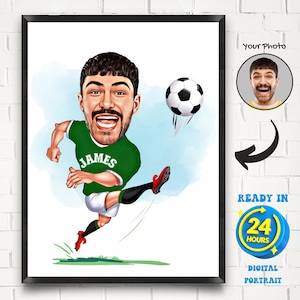 Personalisierter männlicher Fußballspieler Cartoon Porträt, Fußballspieler Geschenk, Fußballspieler Karikatur vom Foto, lustiges Fußballergeschenk für Ihn