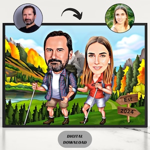 Personalisierte Wandern Paar Karikatur Zeichnung vom Foto, Wandern Cartoon, Wandern Karikatur, lustige Wanderer Cartoon Porträt, Familien Cartoon