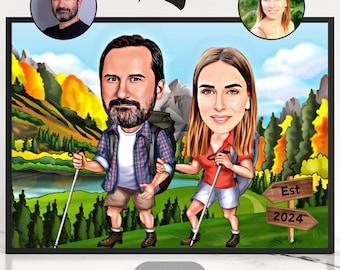 Personalized Hiking Couple Caricature Drawing From Photo, Hiking Cartoon, Hiking Caricature, Funny Hiker Cartoon Portrait, Family Cartoon