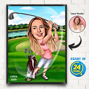 Personalisierte Golfspielerin Cartoon Portrait Golfer Geschenk Golfer Karikatur vom Foto Lustiger Golfer Zeichnung Kunst Golfer Cartoon Geburtstagsgeschenk