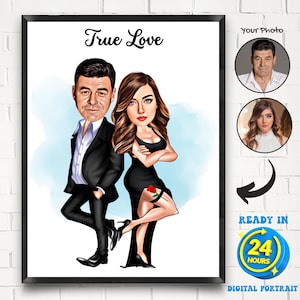 Custom Valentine&#39;s Day Caricature Portrait, True Love Valentines Day Gift Couple Caricature, Couple Cartoon Portrait, Gift for Anniversary