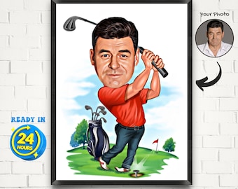 Personalized Golfer Cartoon Portrait, Golfer Gift, Golfer Caricature from Photo, Funny Golfer Drawing Art, Caricature from Photo, Men Golfer