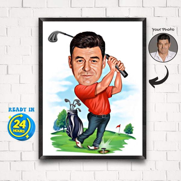 Personalized Golfer Cartoon Portrait, Golfer Gift, Golfer Caricature from Photo, Funny Golfer Drawing Art, Caricature from Photo, Men Golfer