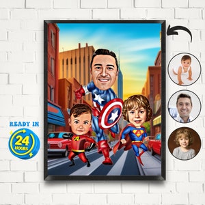 Personalisiertes Super Dad und zwei Sohn Cartoon-Porträt, Benutzerdefiniertes Porträt von Ihrem Foto, Papas Geschenk, Super Dad-Karikatur, Superheld-Karikatur