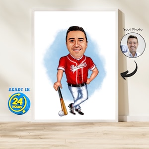 Baseball Player Gift, Baseball Cartoon Portrait, Baseball Caricature, Sports Gift, Baseball Player Caricature Drawing From Photo, Xmas Gift