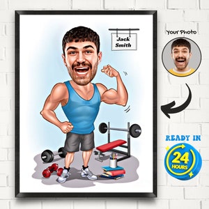 Personalized Fitness Cartoon Portrait, Weight Lifter Caricature, Funny Fitness Caricature, Custom Weightlifter Caricature Drawing from Photo