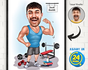 Personalized Fitness Cartoon Portrait, Weight Lifter Caricature, Funny Fitness Caricature, Custom Weightlifter Caricature Drawing from Photo