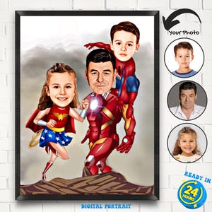 Kundenspezifisches Familien-Superheld-Karikatur-Porträt, Geschenke für Vati, Superheld-Vati-Karikatur-Zeichnung vom Foto, Superheld-Karikatur für den Vatertag