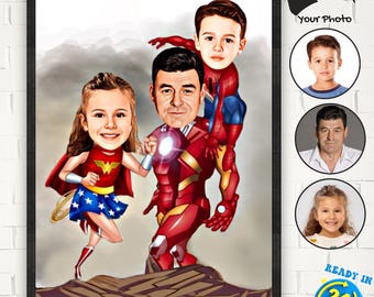Custom Superhero Family Cartoon Portrait: Personalized Caricature (Digital Download)