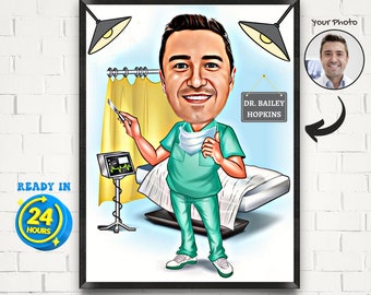Custom Surgeon Cartoon Portrait, Doctor Portrait, Caricature from Photo, Gift for Surgeon, Surgeon Cartoon, Framed Doctor Portrait, Canvas