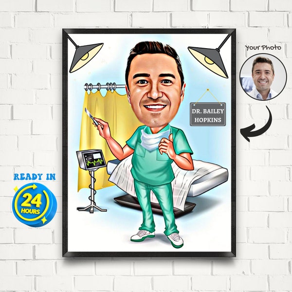 Custom Surgeon Cartoon Portrait, Doctor Portrait, Caricature from Photo, Gift for Surgeon, Surgeon Cartoon, Framed Doctor Portrait, Canvas