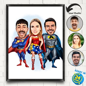 Retrato de desenho animado de família de super-heróis personalizado, retrato de família, presente de melhor amigo, caricatura de super-família, caricatura de super-heróis, presentes de aniversário
