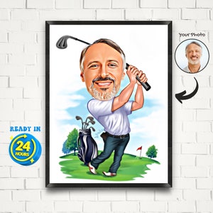 Retrato de caricatura de golfista personalizado, regalo de golfista, caricatura de golfista a partir de una foto, arte de dibujo divertido de golfista, caricatura a partir de una foto, caricatura de golfista