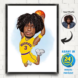 Custom Basketball Cartoon Portrait: LA Player Caricature (Digital Download, 12x16 inches PNG File)