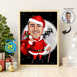 Ritratto personalizzato di cartoni animati di Natale, caricatura di Natale divertente, caricatura da foto, ritratto di papà di Natale, caricatura di cartoline di Natale, vacanze