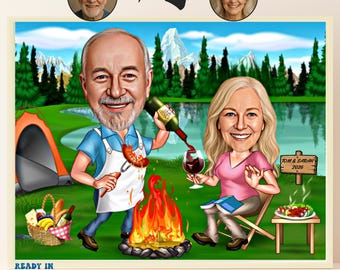 Personlig tecknad parporträttteckning från foto, presentidéer till alla hjärtans dag, karikatyr av grillat par