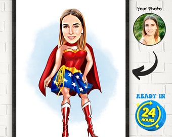 Personalized Superhero Woman Cartoon Portrait: Custom Caricature (Digital Download)