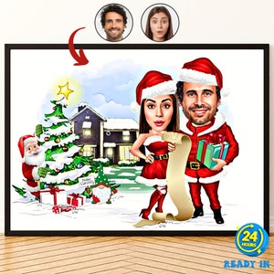 Caricature de famille de Noël à partir de photos Portrait de dessin animé drôle de vacances Carte de caricature de Noël numérique Caricature de couple de Noël Cadeau de vacances