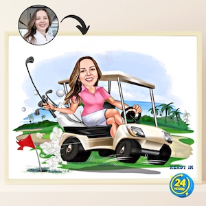 Cartoon Female Golfer Portrait, Golf Gifts, Golfer Caricature from Photo, Golf Gifts For Women, Golfing Gifts, Custom Golf Digital Poster