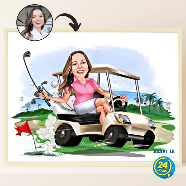 Cartoon vrouwelijke golfer portret, golfgeschenken, golferkarikatuur van foto, golfgeschenken voor vrouwen, golfgeschenken, aangepaste golf digitale poster