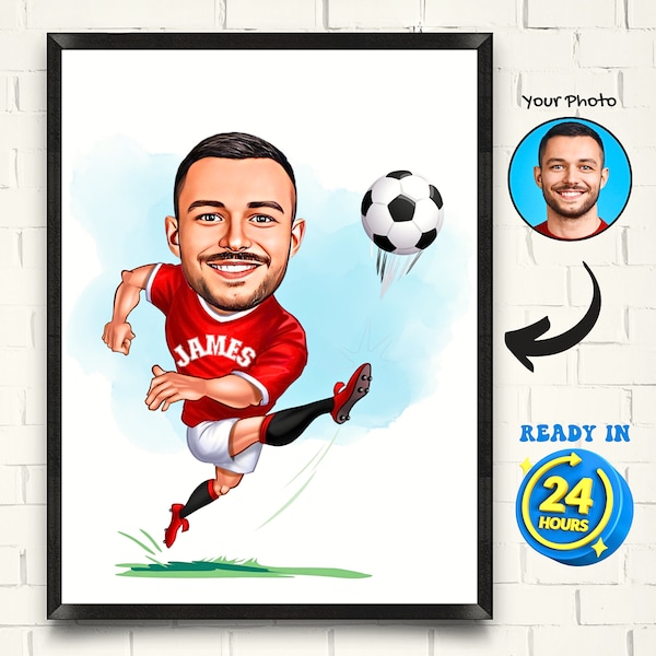 Portrait personnalisé de dessin animé de joueur de football, cadeau de joueur de football, caricature de joueur de football masculin à partir d’une photo, cadeau de footballeur drôle pour lui