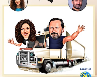 Personalized Truck Driver Cartoon Portrait, Custom Truck Driver Caricature Drawing from Photo, Funny Truck Driver, Trucker Gift, Couple Gift
